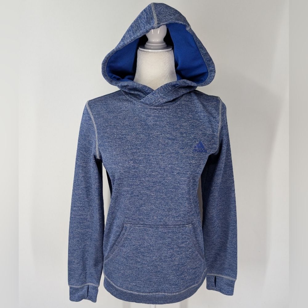 Adidas Women's Climawarm Blue Heathered Pullover Hoodie Hooded Sweatshirt XS